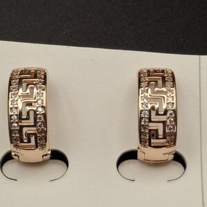 Rose Gold Greek Key Hoop Earrings with Crystals